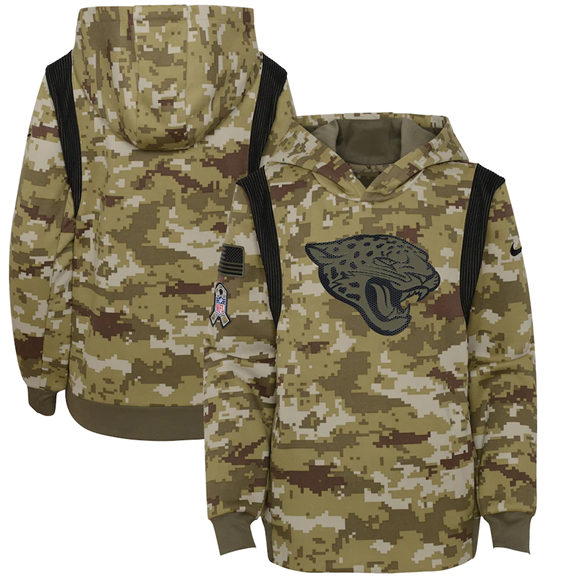 Youth Jacksonville Jaguars 2021 Camo Salute To Service Therma Performance Pullover Hoodie